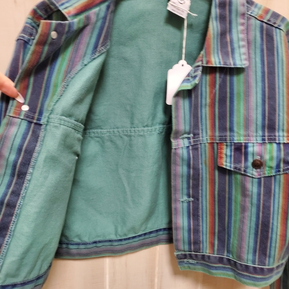 Vintage Denim Crop Striped Jacket Panels Button Down NWT Size L - Picture 12 of 16